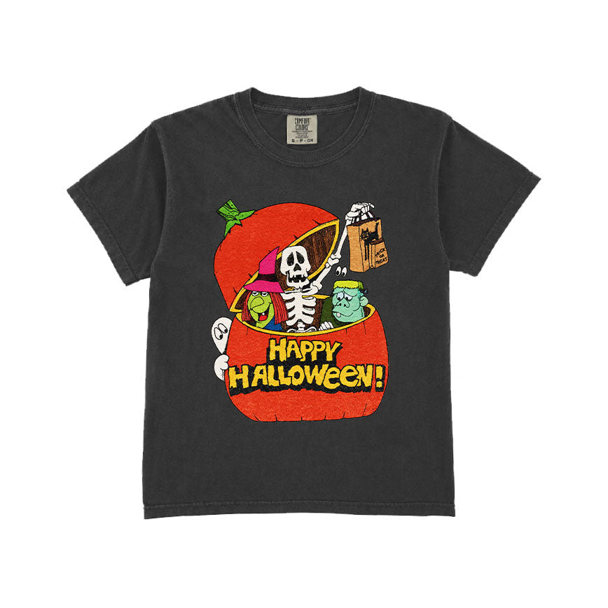 A dark charcoal gray short-sleeve t-shirt with a colorful Halloween graphic on the front, featuring a skeleton, ghosts, and a pumpkin with the text 'Happy Halloween!'.