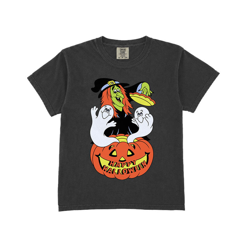 A dark charcoal gray short-sleeve t-shirt with a colorful Halloween graphic on the front, featuring a witch, ghosts, and a jack-o'-lantern with 'HAPPY HALLOWEEN' text, displayed on a solid white background.