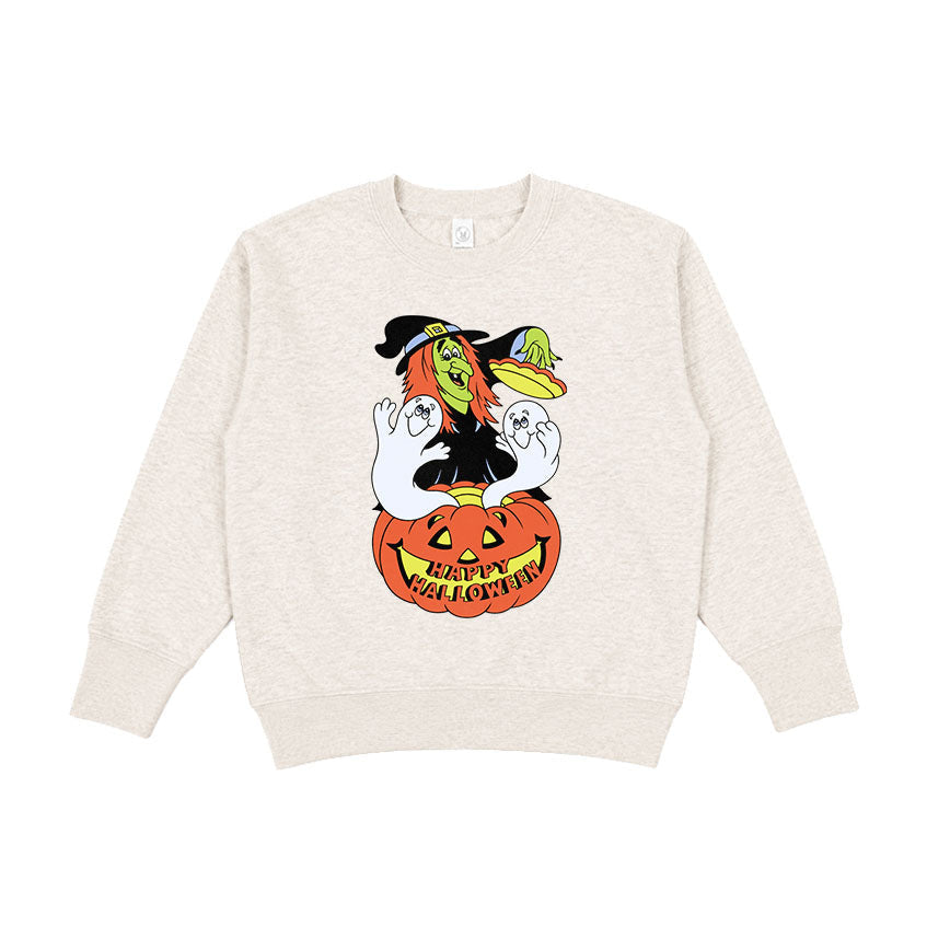 A cream-colored crewneck sweatshirt featuring a colorful graphic of a witch sitting on a jack-o'-lantern pumpkin with the words 'Halloween Fest!'.