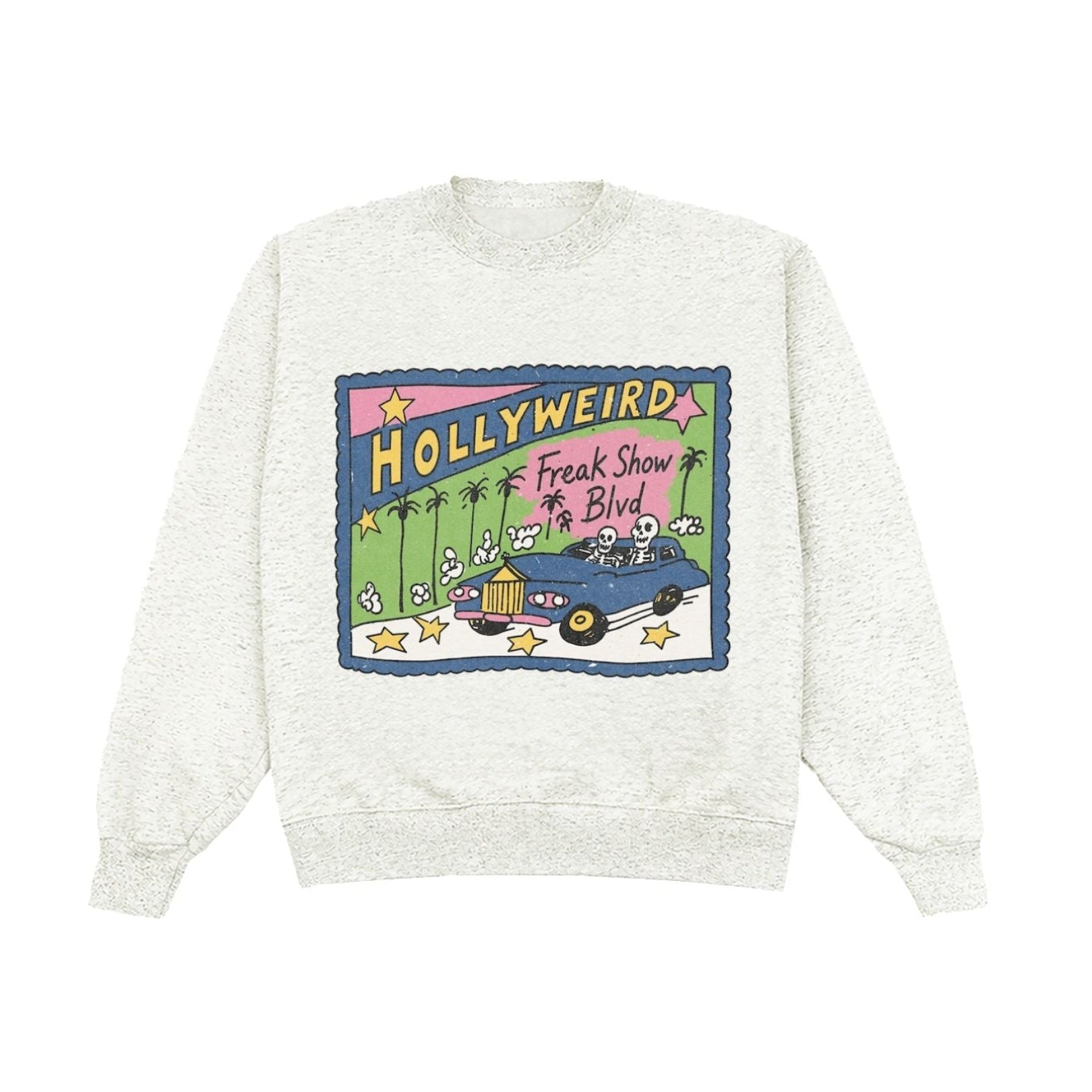 A light heather gray crewneck sweatshirt featuring a colorful graphic print on the front. The graphic is styled like a vintage 'Hollywood' sign with cartoon characters, a blue car, and the text 'HOLLYWEIRD' and 'Freak Show To Bird'.
