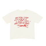 Ivory t-shirt with red text and graphics on a ivory background