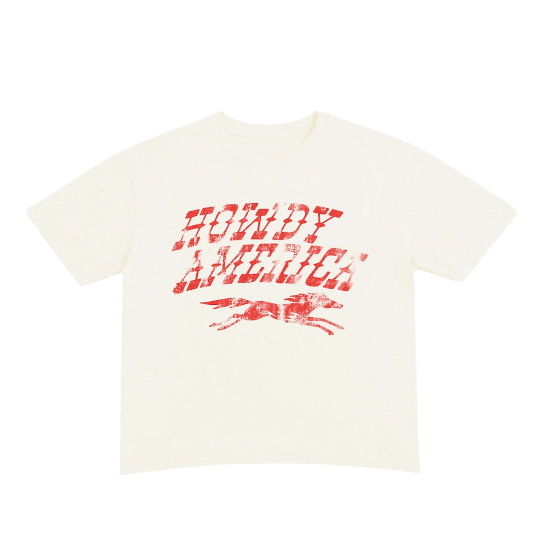 Ivory t-shirt with red text and graphics on a ivory background