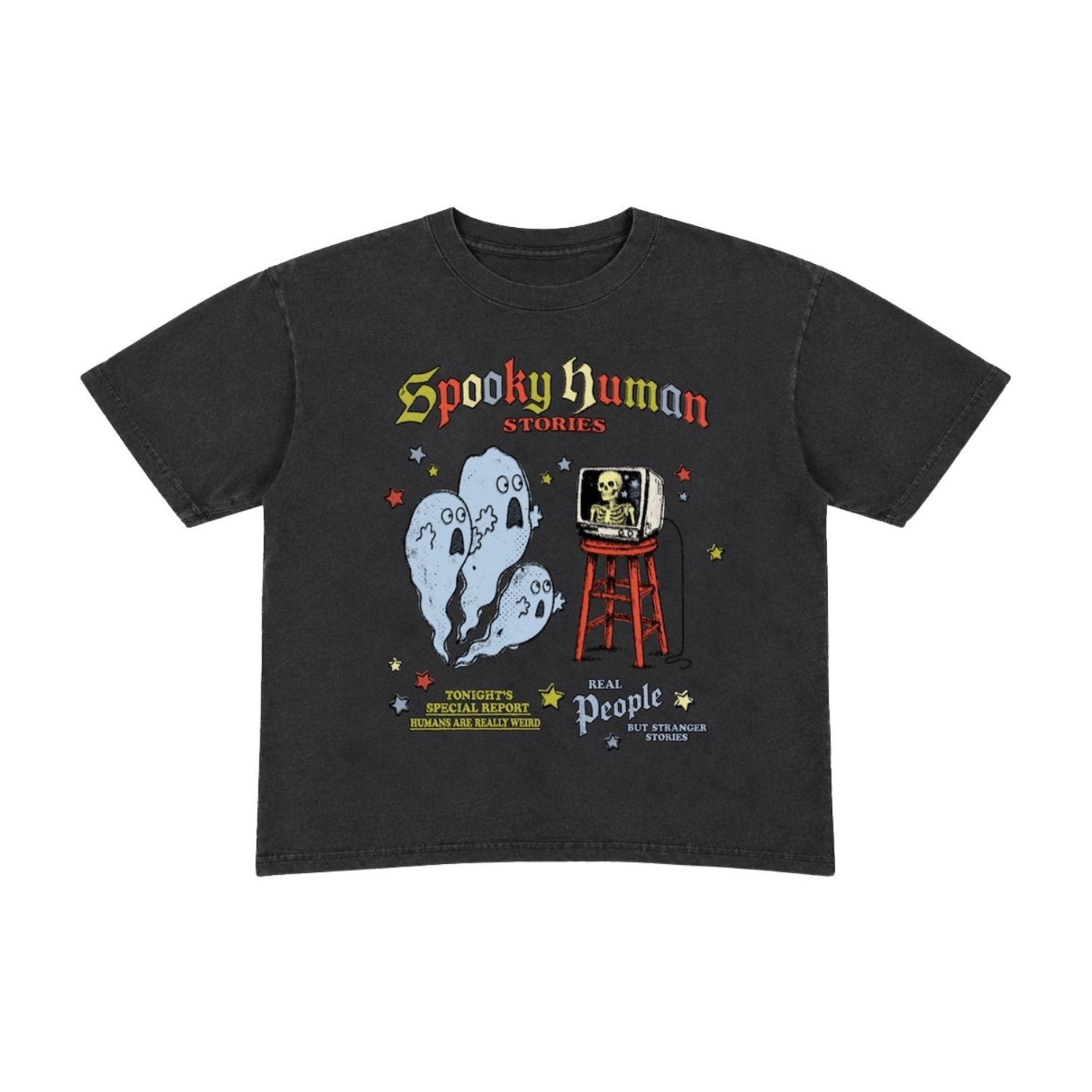 A black graphic t-shirt featuring a vintage-style horror design with the text 'Spooky Human Stories' and 'The People's Choice' in yellow, red, and white, alongside illustrations of a ghost and a television.