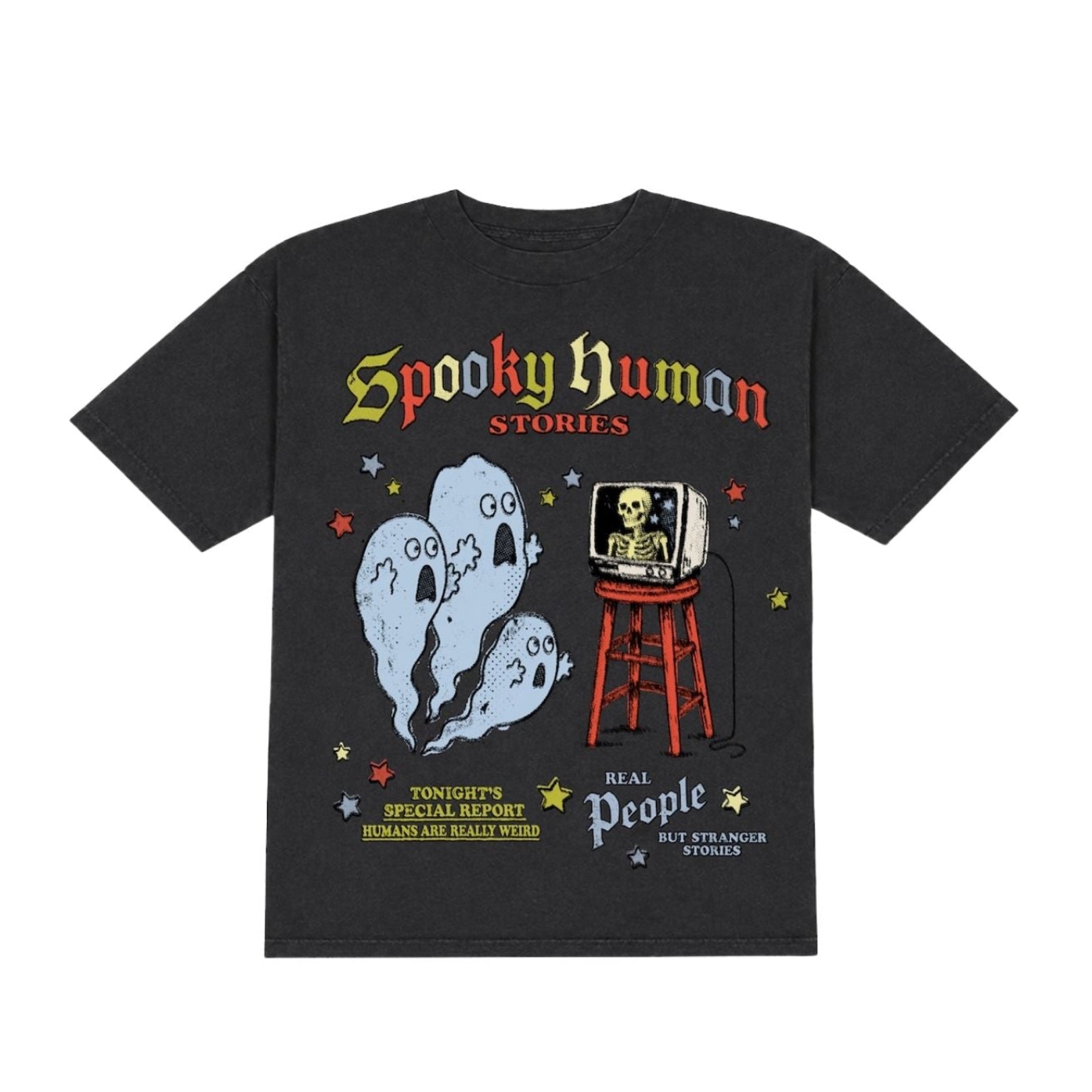 A black short-sleeve graphic t-shirt featuring a vintage-style horror design with the text 'Spooky Human Stories' and illustrations of a ghost, a television, and a red stool.