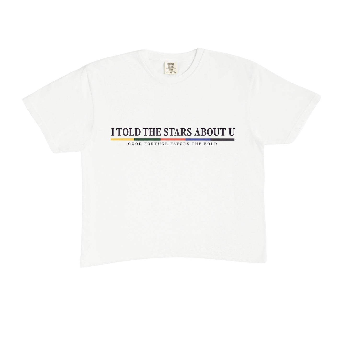 White t-shirt with text design on a white background