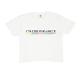 White t-shirt with text design on a white background