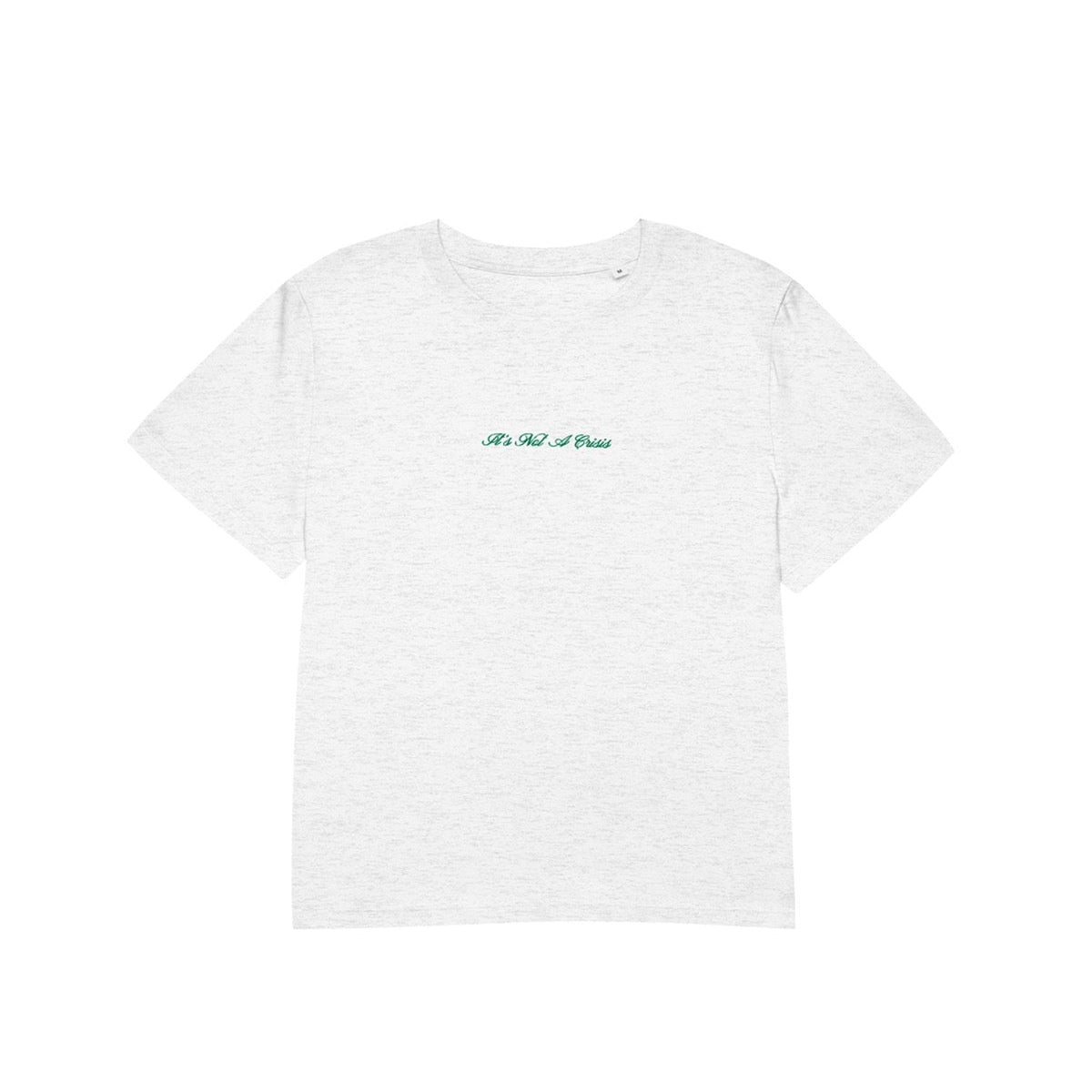 White t-shirt with green text on a white background
