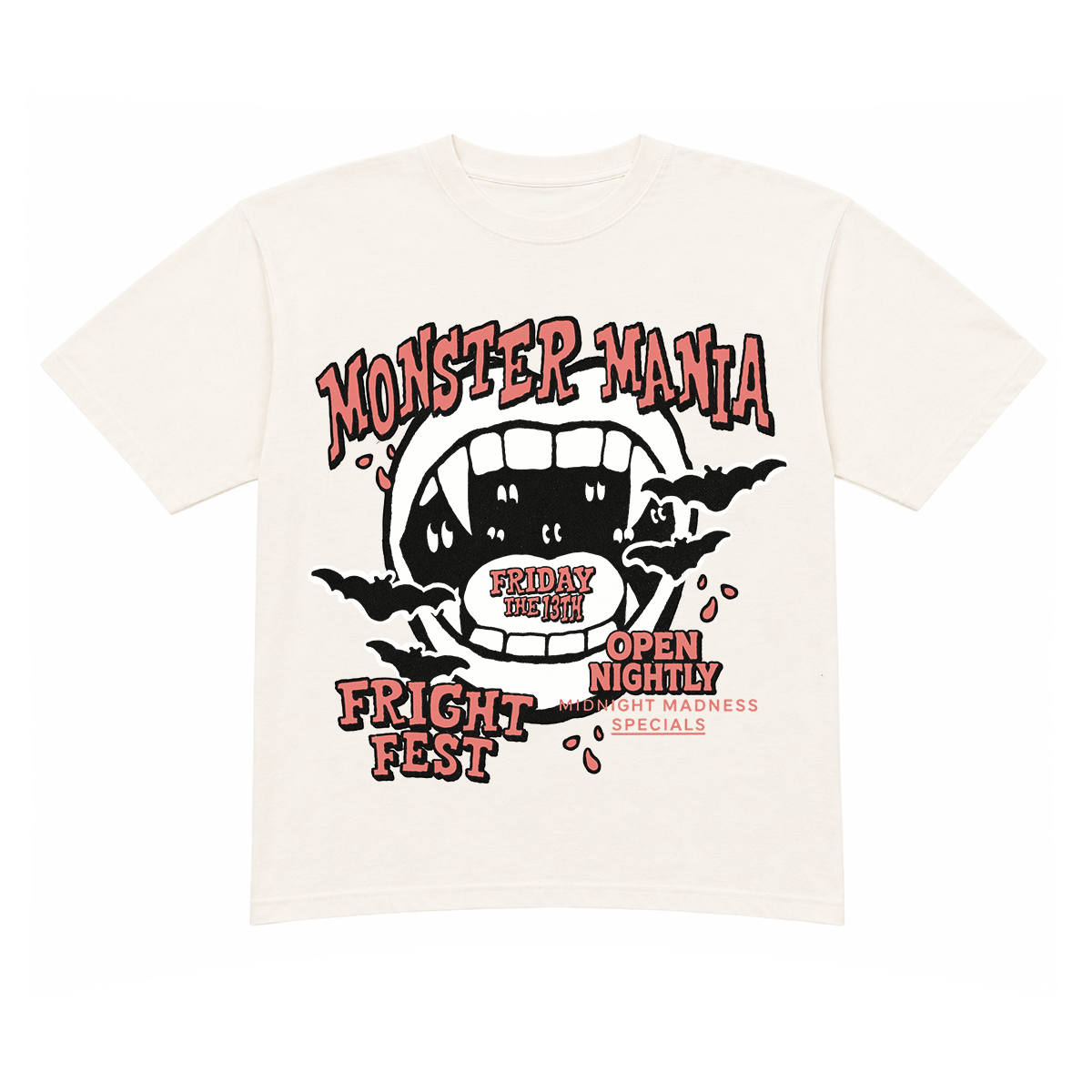An off-white short-sleeve t-shirt with a graphic print of a screaming mouth, bats, and the text 'MONSTER-MANIA FRIGHT FEST' on a plain white background.