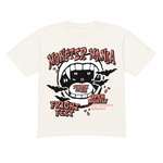 An off-white short-sleeve t-shirt with a graphic print of a screaming mouth, bats, and the text 'MONSTER-MANIA FRIGHT FEST' on a plain white background.