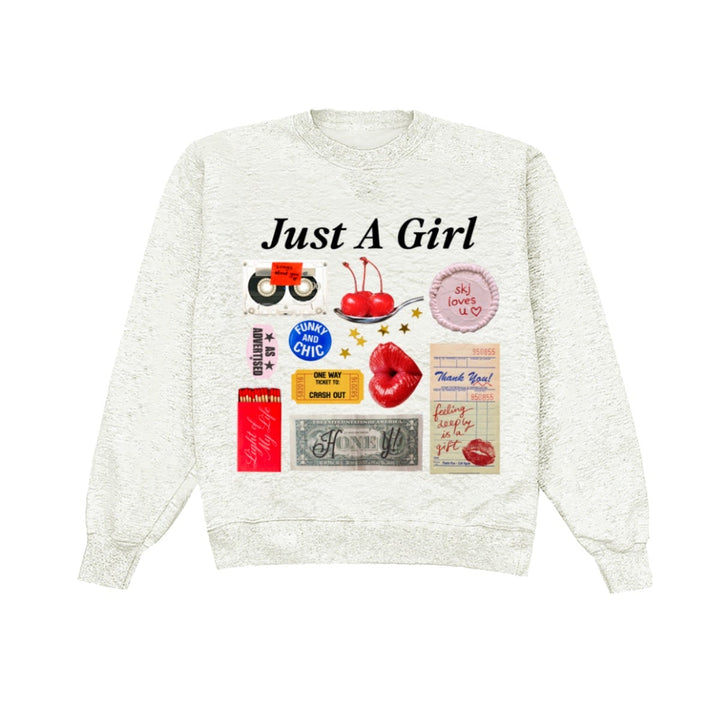 White sweatshirt with graphic designs and text on a white background