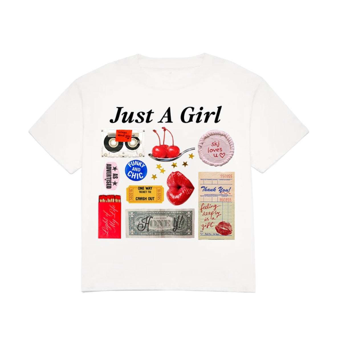 White t-shirt with graphic designs and text on a white background