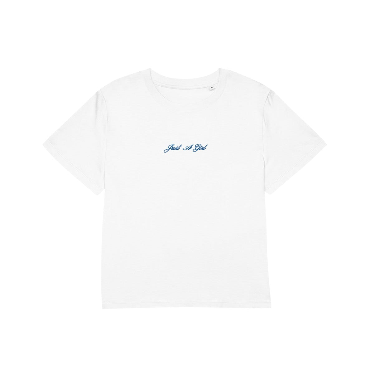 White t-shirt with blue text on a white background