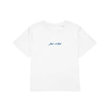 White t-shirt with blue text on a white background
