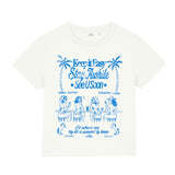 White t-shirt with blue graphic design on a white background