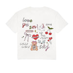 White t-shirt with colorful graphics and text on a white background