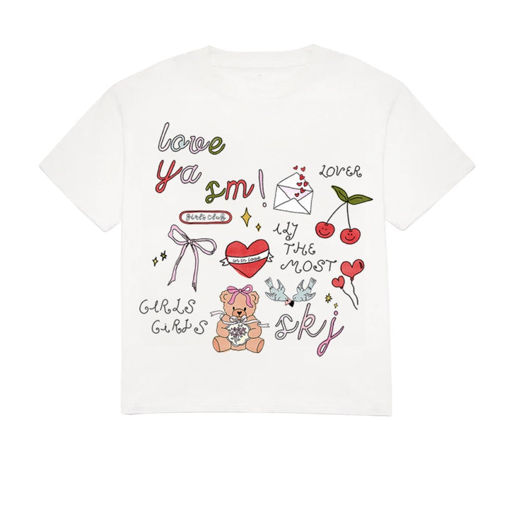 White t-shirt with colorful graphics and text on a white background