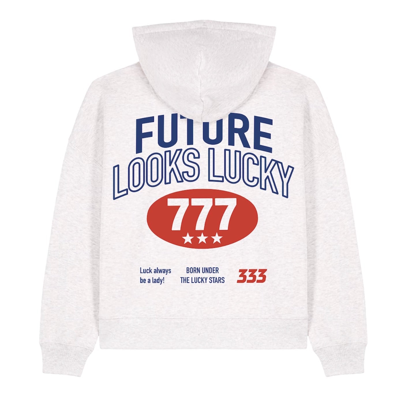 White hoodie with 'Future Looks Lucky' text and numbers on a white background