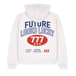 White hoodie with 'Future Looks Lucky' text and numbers on a white background