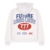 White hoodie with 'Future Looks Lucky' text and numbers on a white background