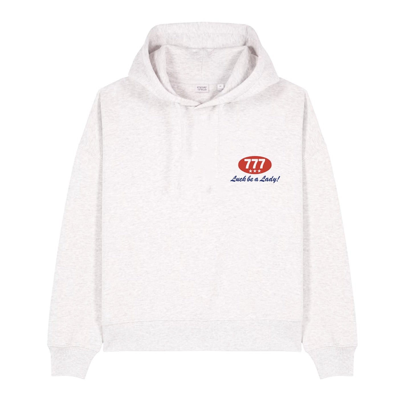 White hoodie with a red and blue logo on a white background