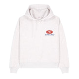 White hoodie with a red and blue logo on a white background