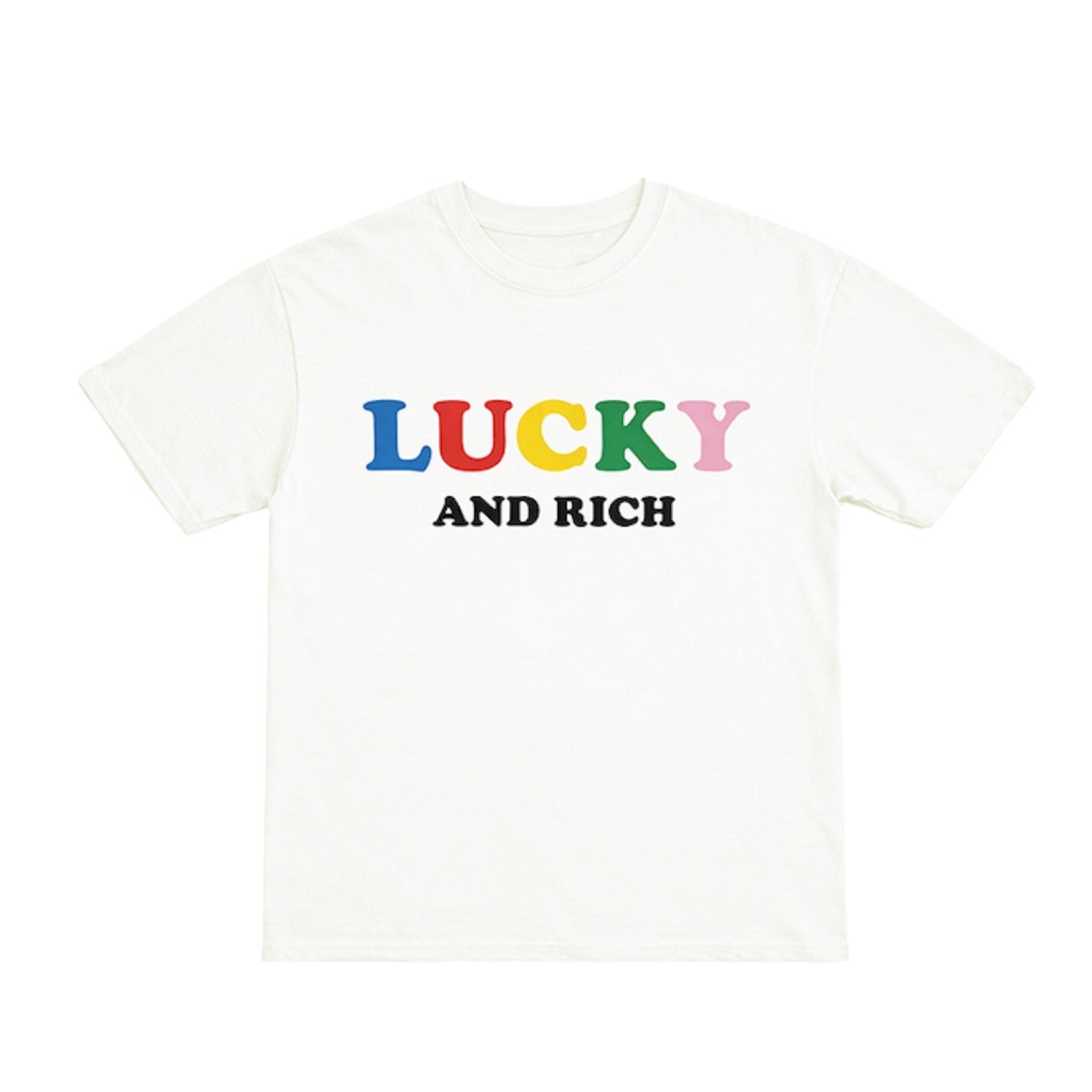 White t-shirt with 'LUCKY AND RICH' text in colorful letters on a white background