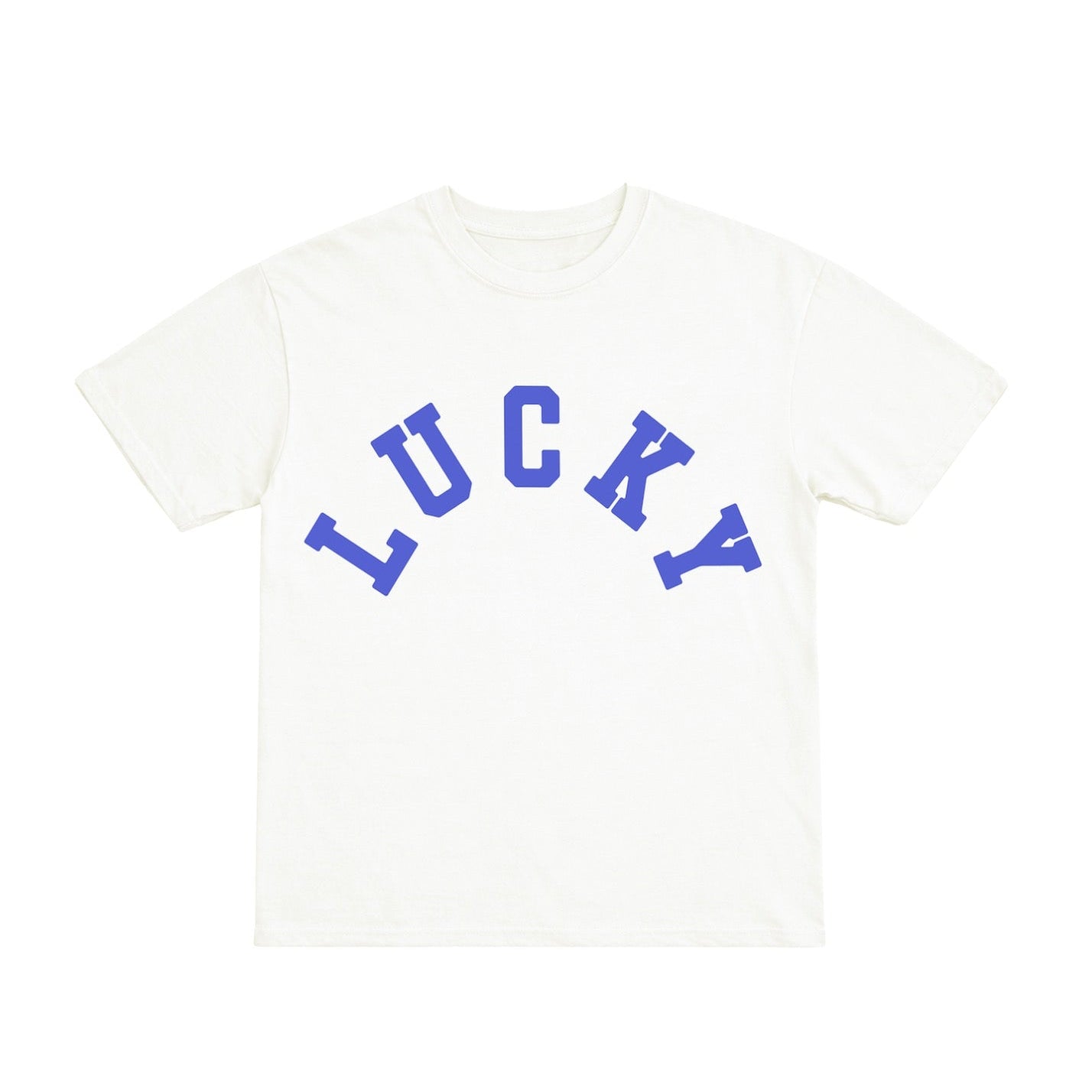White t-shirt with 'LUCKY' printed in blue on a white background