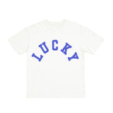 White t-shirt with 'LUCKY' printed in blue on a white background