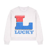White sweatshirt with a large red and blue 'L' and the word 'LUCKY' on a white background