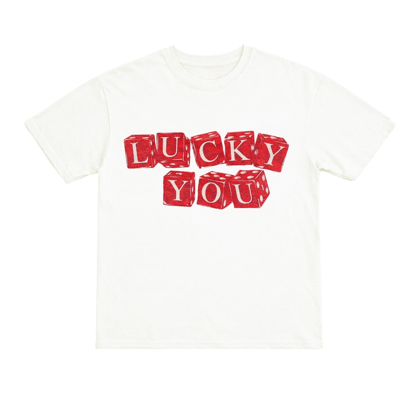 White t-shirt with red text 'LUCKY YOU' on a white background