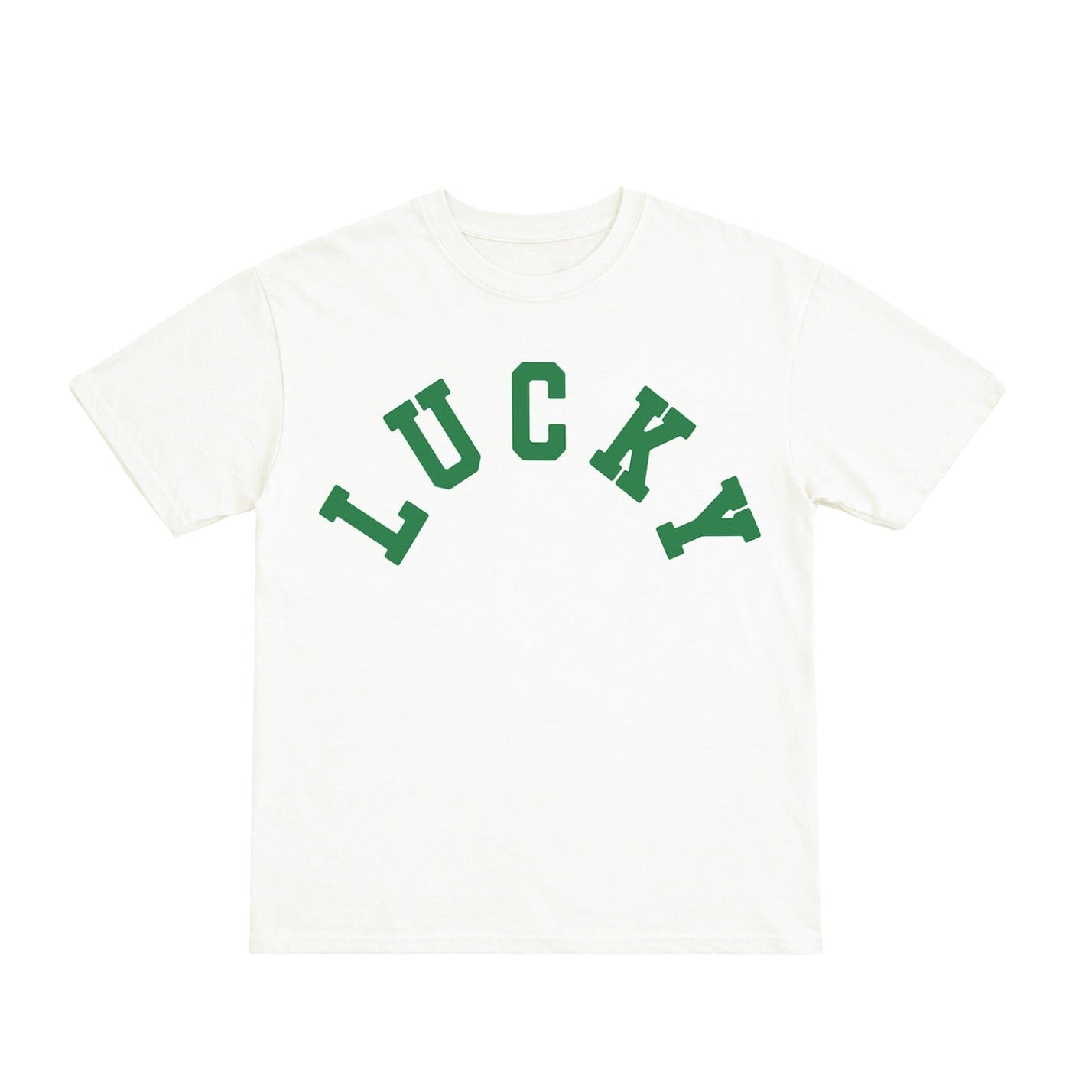 White t-shirt with 'LUCKY' printed in green on a white background