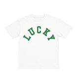 White t-shirt with 'LUCKY' printed in green on a white background