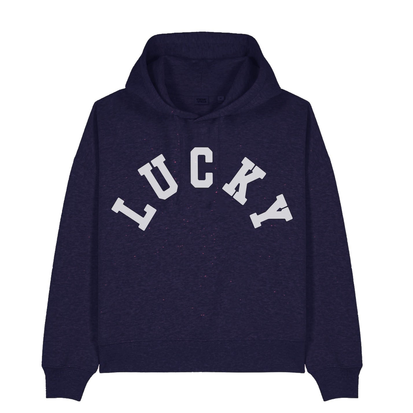 Navy blue hoodie with 'LUCKY' text on a white background