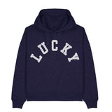 Navy blue hoodie with 'LUCKY' text on a white background