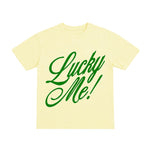 Yellow t-shirt with green 'Lucky Me!' text on a white background