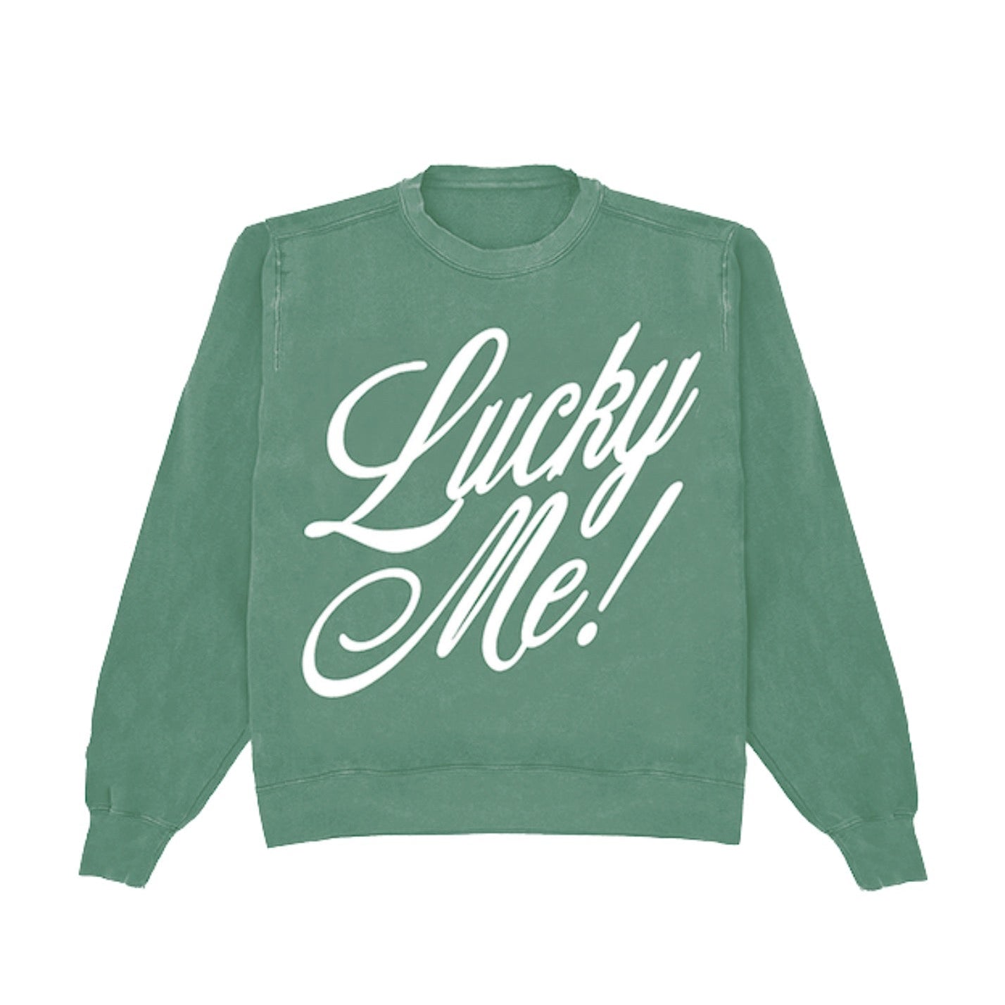 Green sweatshirt with 'Lucky Me!' text on a white background