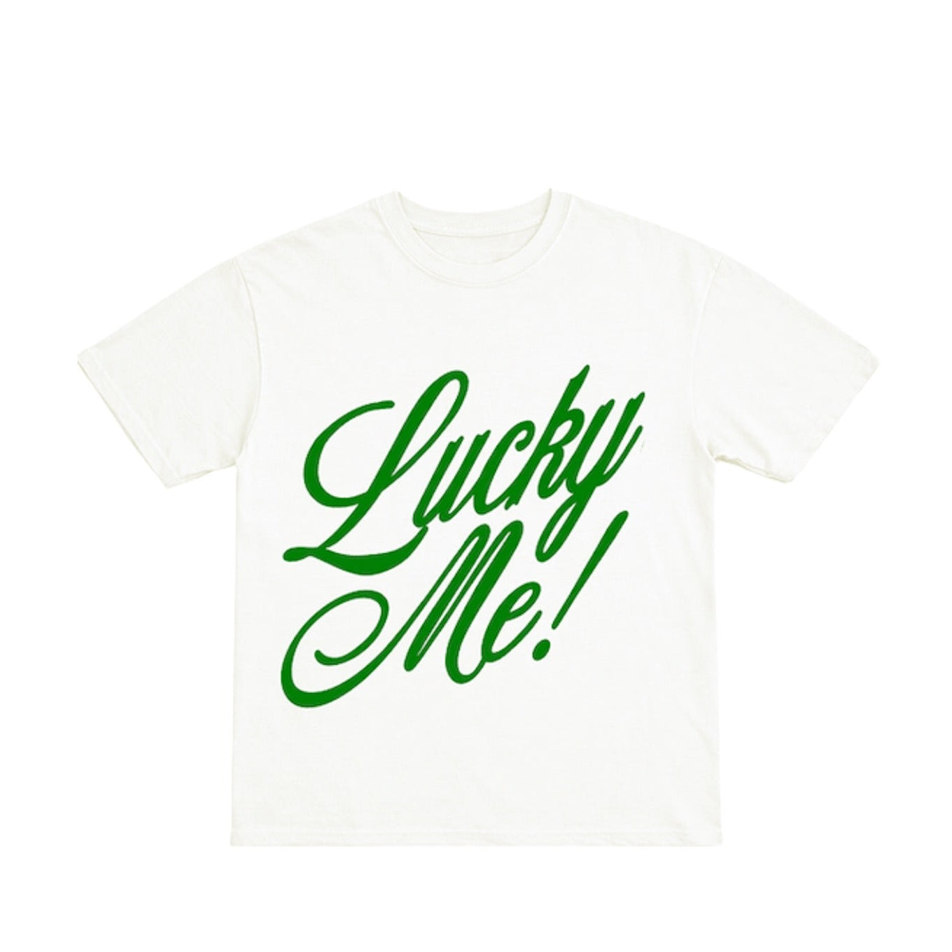 White t-shirt with green 'Lucky Me!' text on a white background