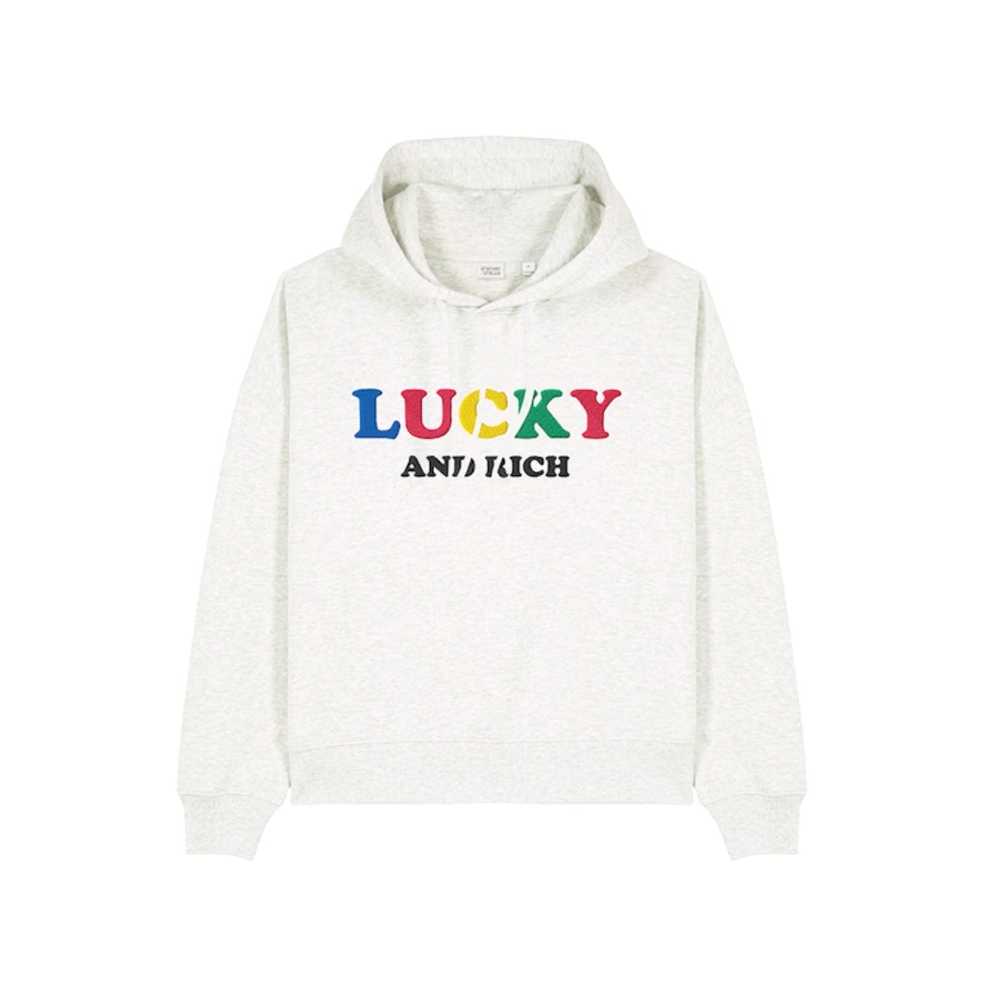 White hoodie with 'LUCKY AND RICH' text in colorful letters on a white background