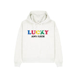 White hoodie with 'LUCKY AND RICH' text in colorful letters on a white background
