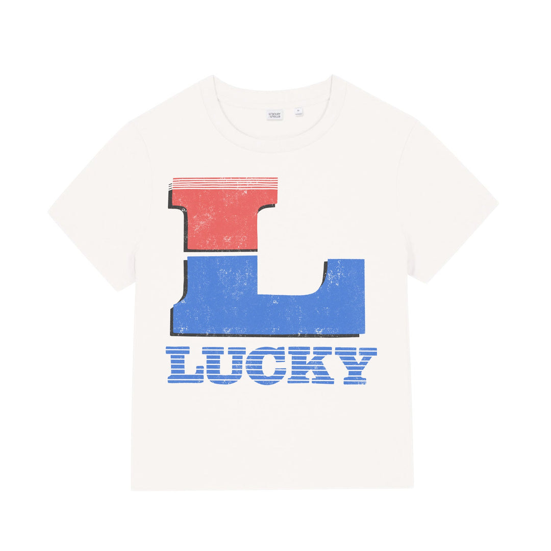 White t-shirt with a red and blue 'Lucky' logo on a white background