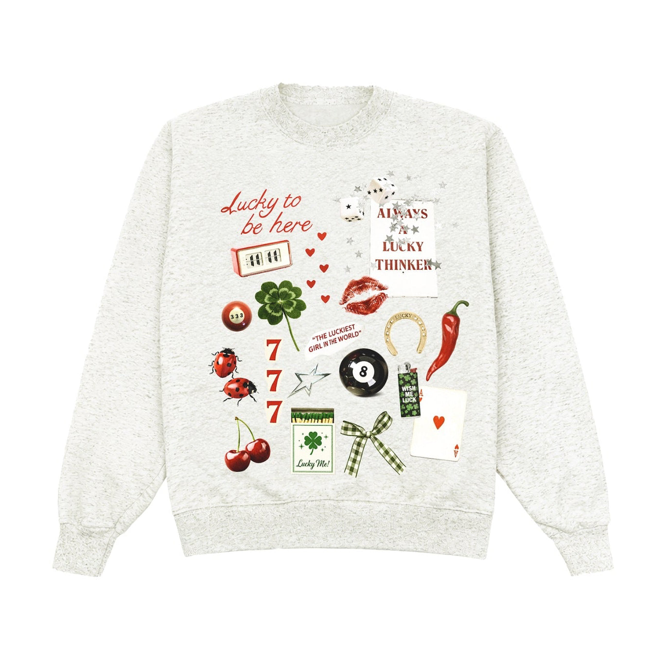 White sweatshirt with various graphics and text on a white background