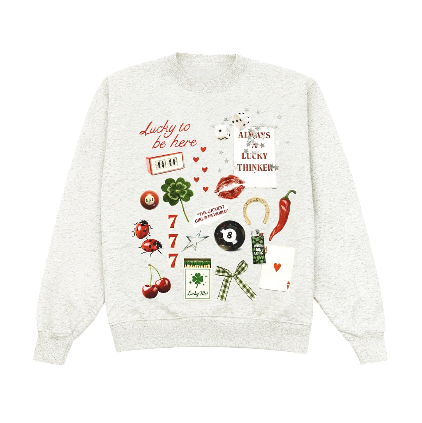 White sweatshirt with various graphics and text on a white background
