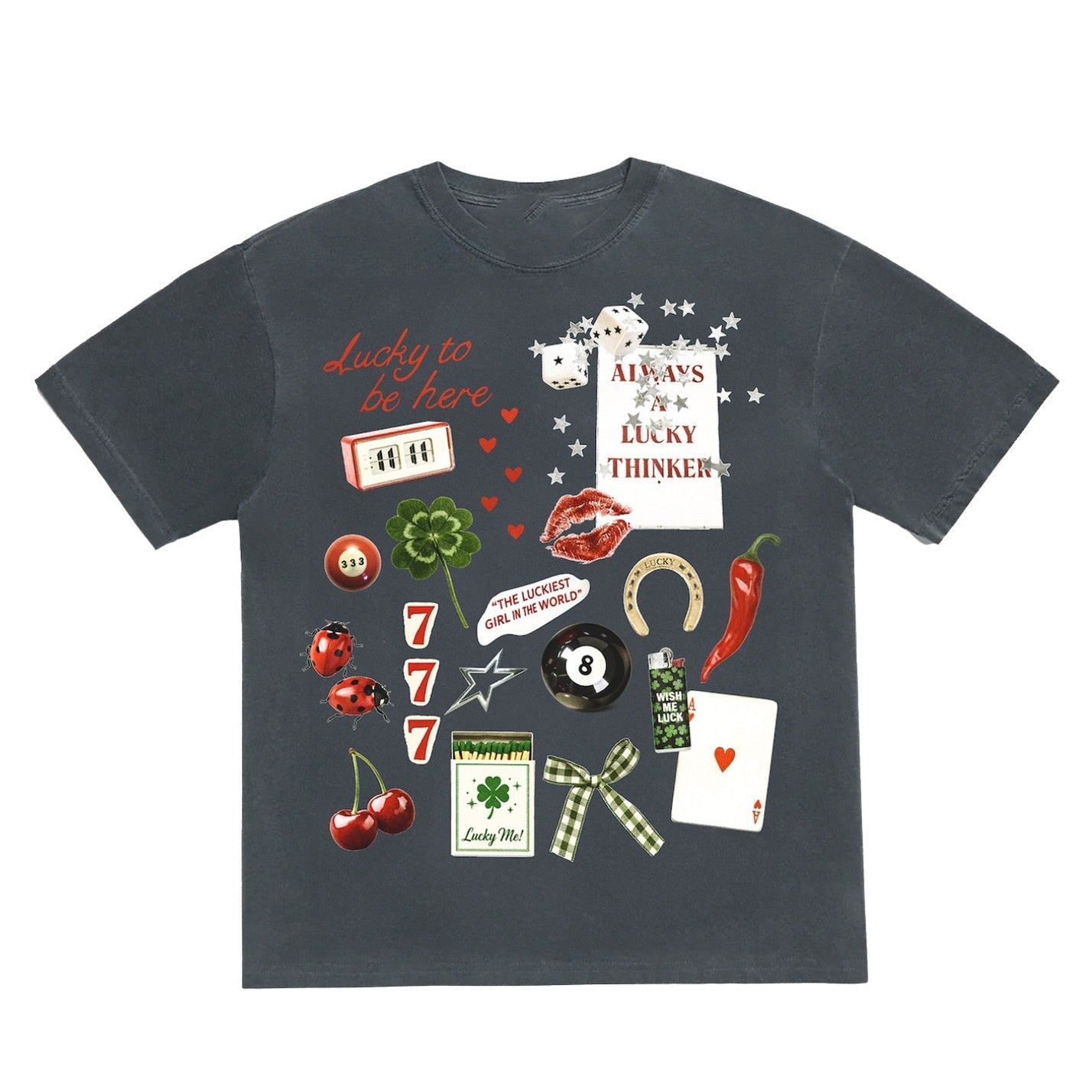 Black t-shirt with colorful graphic designs on a white background