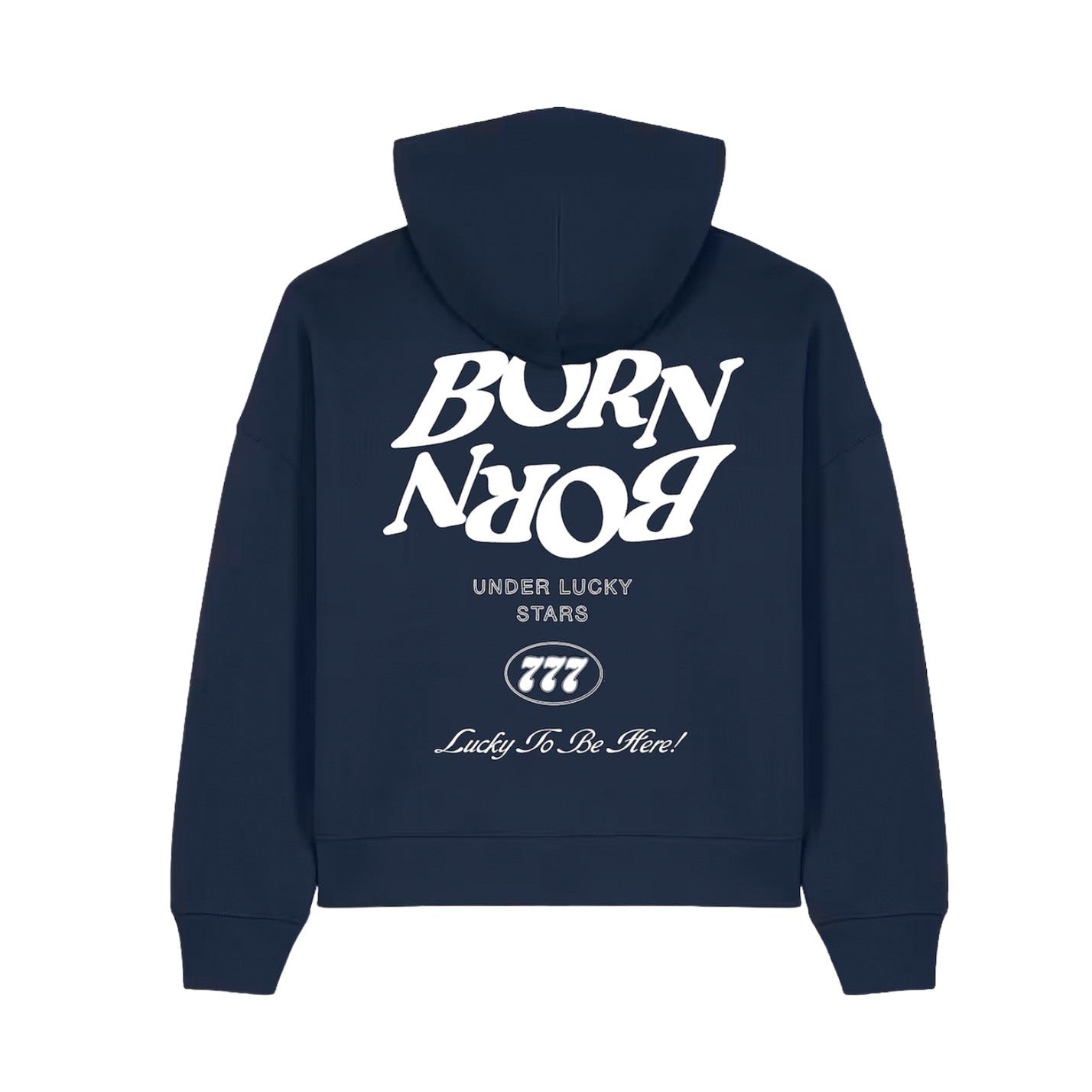 Navy blue hoodie with white text on a white background