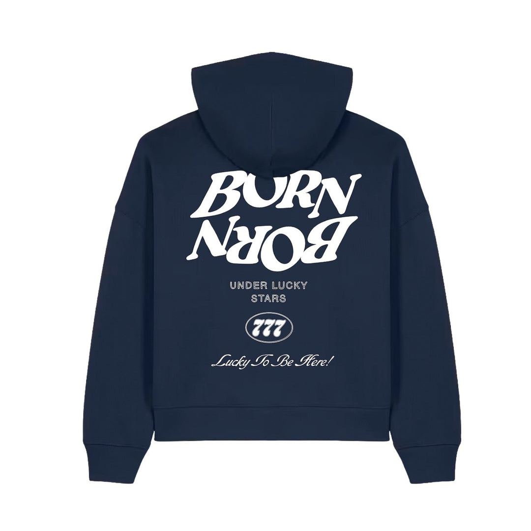 Navy blue hoodie with white text on a white background