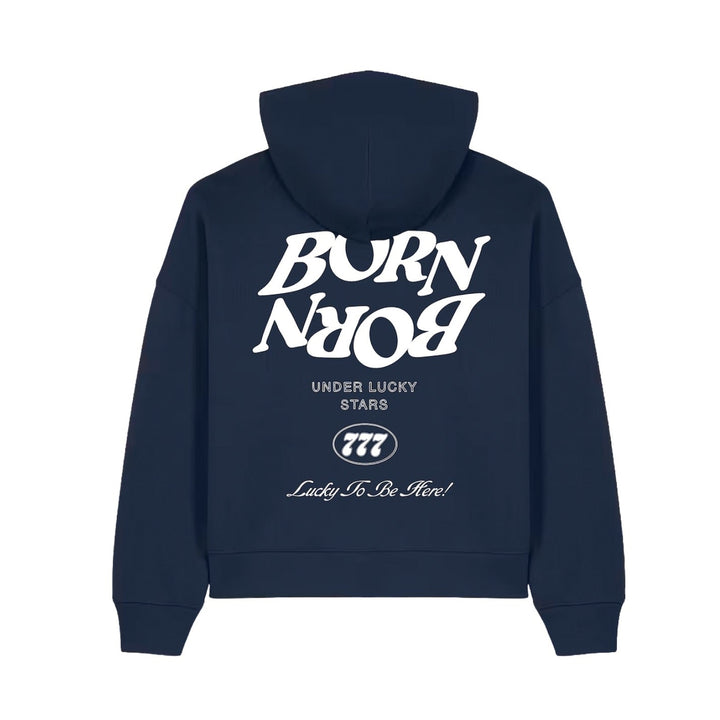 Navy blue hoodie with white text on a white background