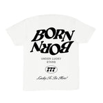 White t-shirt with black text on a white background