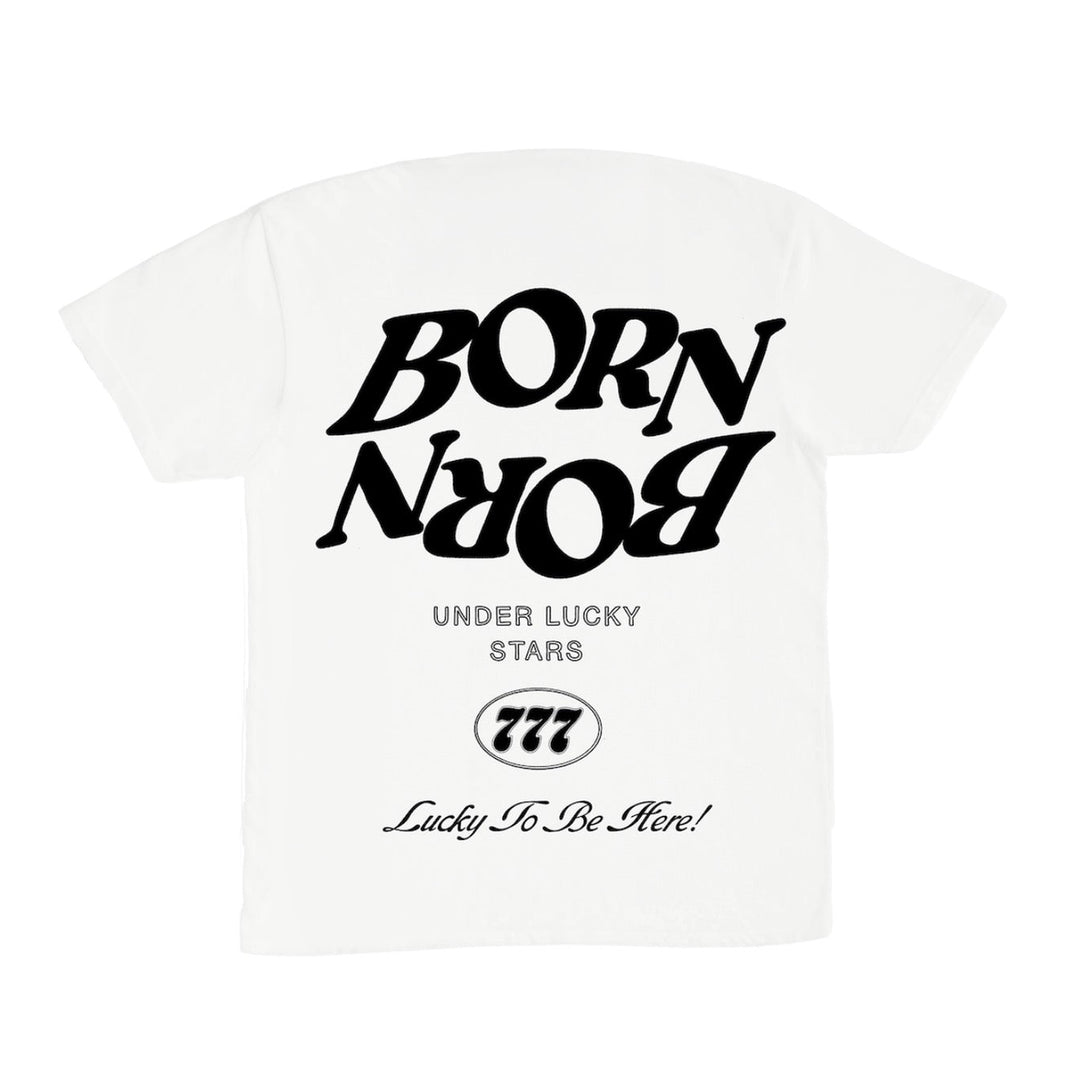 White t-shirt with black text on a white background