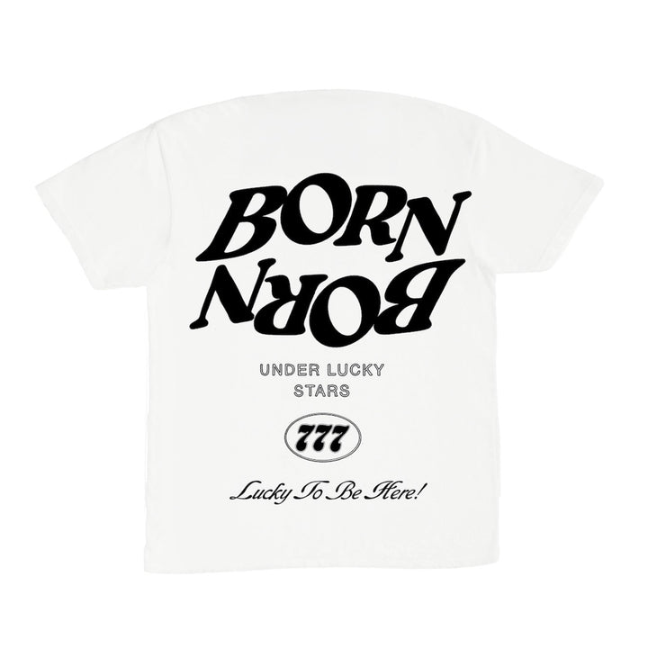 White t-shirt with black text on a white background