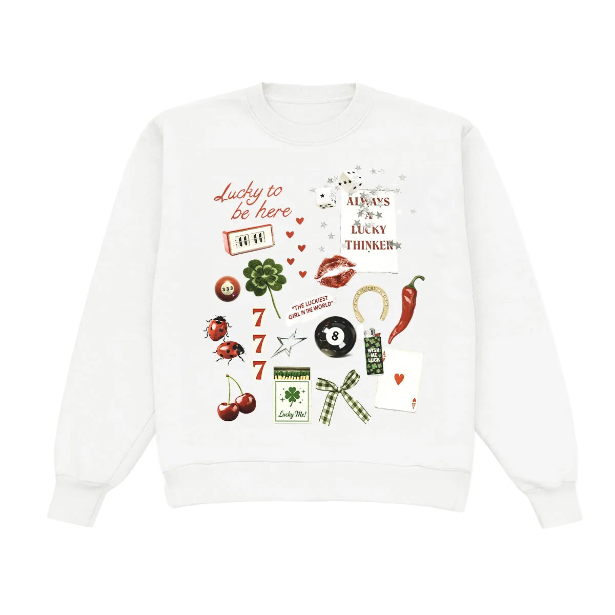 White sweatshirt with lucky-themed graphics and text on a white background